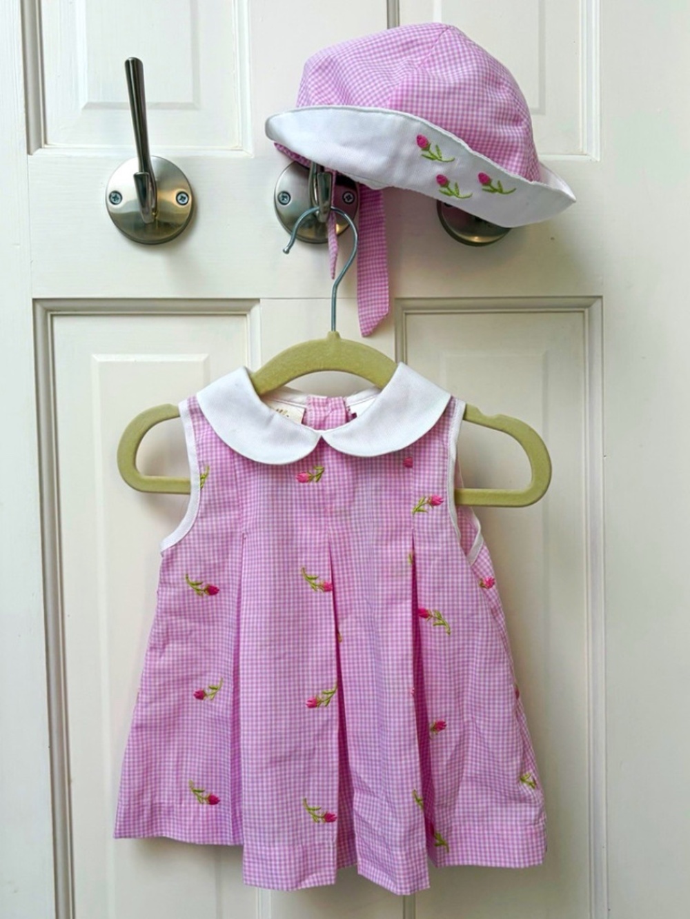 Little Bitty 3-6 Mo Pink/White Gingham Sleeveless Dress & Hat Set